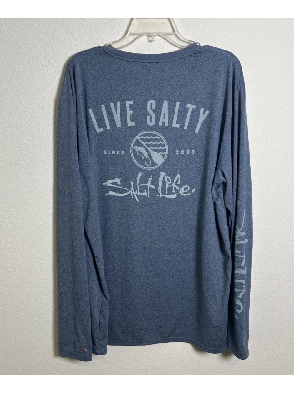 Salt Life Live Salty Double Sided Fishing Long Sleeve Gray Blue T-Shirt Men’s XL